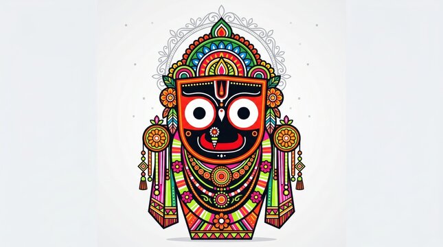 Stylized of lord jagannath deity with geometric patterns and vibrant traditional colors idol