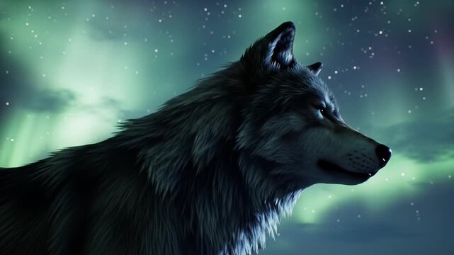 Side profile of a grey arctic wolf with blue eyes and dense fur looking toward the horizon beneath a glowing green aurora borealis night sky with bright stars.