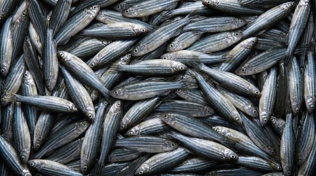 Abundant pile of fresh raw zebra fish packed closely together creating a detailed natural texture pattern for commercial seafood market and culinary industry photography