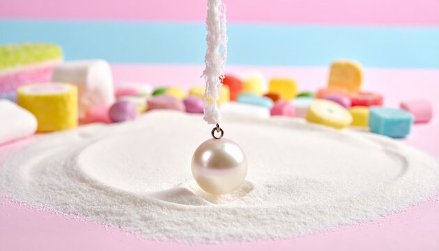 An oversized white pearl earring hanging from a delicate thread of spun sugar over a pile of granulated sugar with colourful candies, creating a whimsical sweet jewelry concept