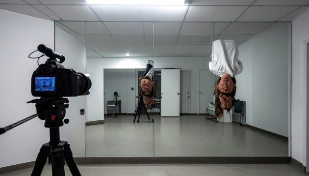 A professional digital camera on a tripod records an upside down and inverted reflection of a room and a person in a large mirror, creating a surreal and trippy visual illusion.