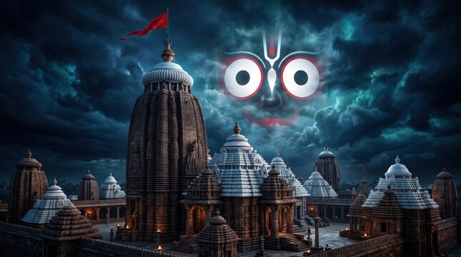 Stone temple architecture of jagannath puri at night under a dark cloudy sky with divine deity