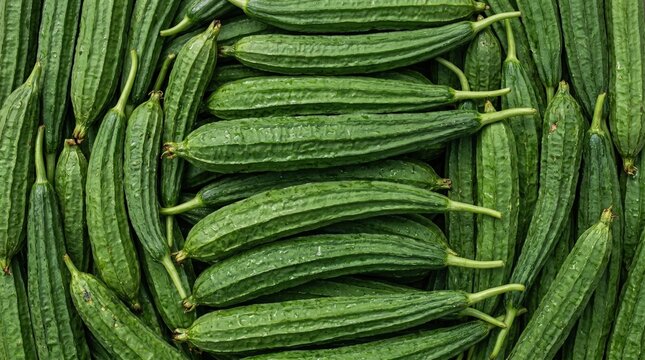 Fresh organic ridge gourd pile arranged in a pattern for agricultural market display featuring vibrant green texture and natural healthy vegetable produce