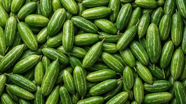 Fresh raw pointed gourd harvested from organic farm displayed in a dense pile with vibrant green striped skin texture for healthy culinary cooking ingredients
