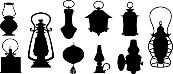 Obraz premium Vintage magic lanterns various shapes black silhouette vector icons set, medieval hanging kerosene lamp collection