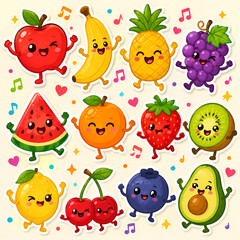 Fototapeta premium Cute cartoon fruit characters set, happy dancing fruits with smiling faces