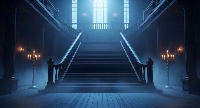 Grand staircase in a dark, mysterious, and foggy mansion interior with glowing candelabras