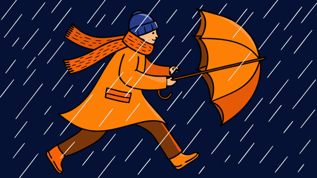 A vector illustration depicting a person with an umbrella walking against heavy rainfall and wind autumn bad weather blustery cold front colorful downpour