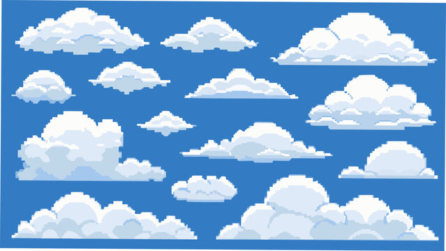 A collection of white pixelated clouds against a bright blue background a digital vector illustration cloudscape cloud formations cumulus pixel art