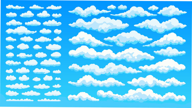 A collection of white fluffy clouds depicted in a vector illustration against a blue gradient background cloudscape cloud formations cumulus cirrus