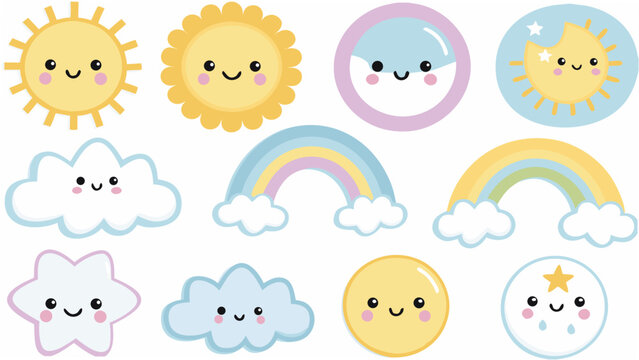 A collection of smiling weather elements in a colorful vector illustration style on a white background cloud clouds sun sunshine rainbow