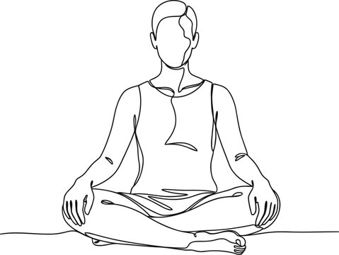 A continuous single line drawing of a person sitting in a meditative yoga pose on the floor