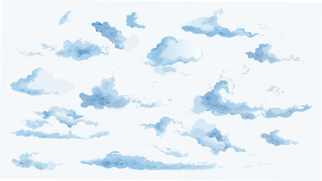A collection of fluffy pale blue clouds depicted in a watercolor style with a transparent background cloudscape cumulus cirrus stratocumulus cloud