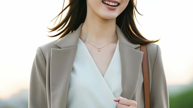 笑顔で出勤する日本人女性