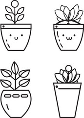 Cute Kawaii indoor plant pot outline vector icon set, minimalist cartoon potted succulents and houseplants line art illustration isolated on white background.