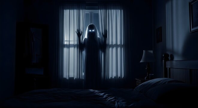 Terrifying ghost with glowing eyes standing behind a window curtain in a dark bedroom