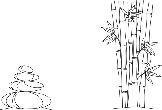 A serene zen composition featuring a stack of smooth river stones next to tall bamboo stalks.