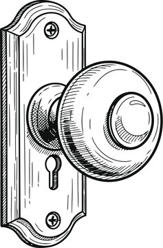 A detailed black and white sketch of a classic vintage door knob set with a decorative plate