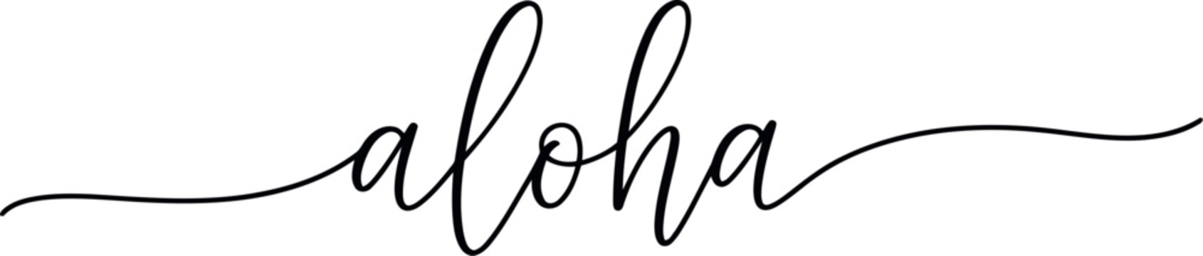 Minimalist black and white calligraphic script design featuring the word aloha on a plain background