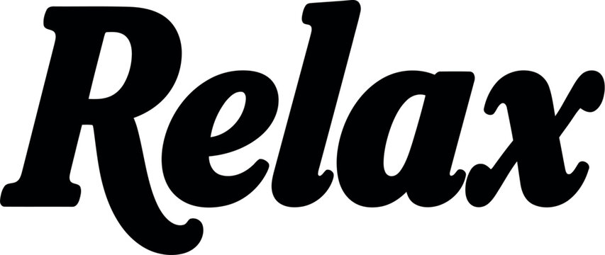 A bold black typographic design featuring the word relax in a script font on a white background.