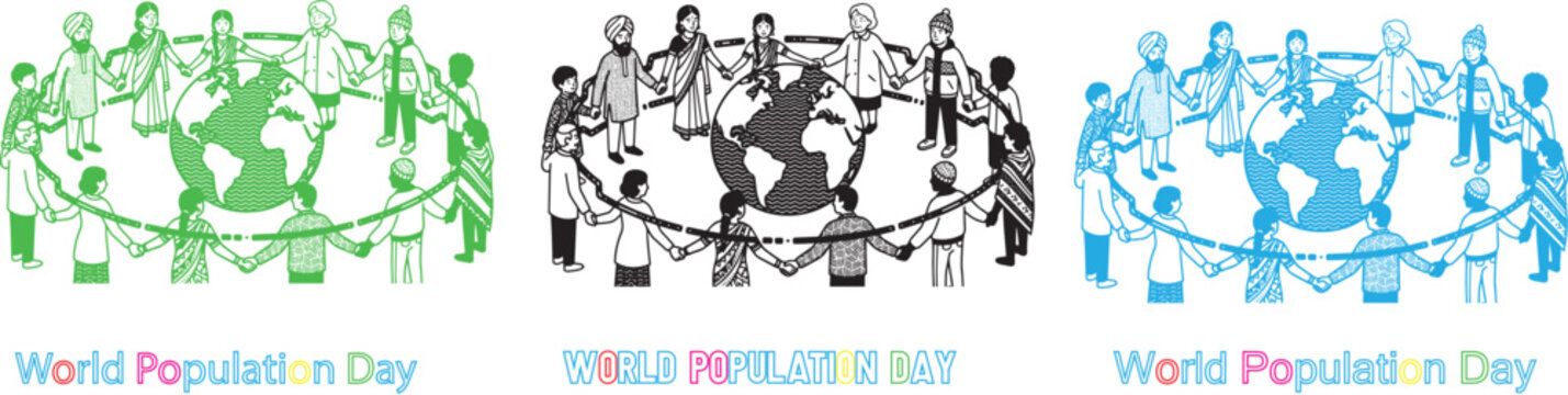 World Population Day concept vector illustration of diverse people holding hands in a human chain around the globe earth sphere.