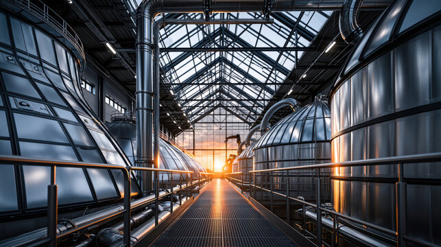 Industrial facility biogas plant organic waste processing steel tank pipe industrial interior walkway sunset light, warm glow through windowed
