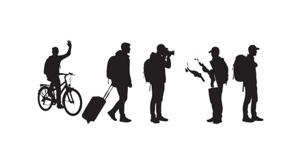 Obraz premium Travelers silhouette collection showing tourists with luggage and photographer plus cyclist exploring various destinations.