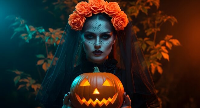 A gothic woman wearing a black veil and orange flower crown holding a glowing jackolantern