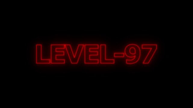Glowing red neon text showing the words level 97 on a plain black background for digital gaming progress and achievement screen