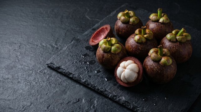 A collection of ripe mangosteen fruits, one of which is opened to reveal its white segments, artfully arranged on a dark slate surface.