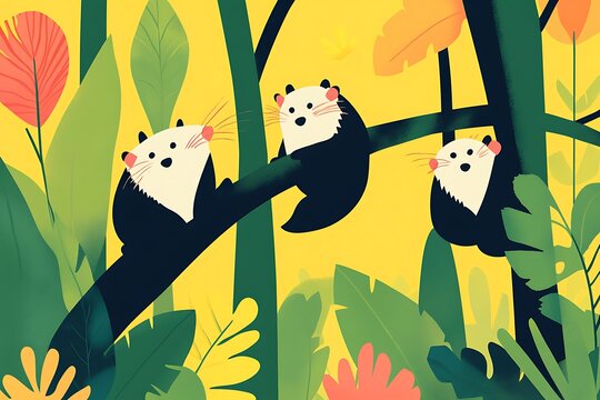 Three white-faced monkeys on a branch in a lush jungle