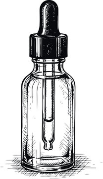 A detailed black and white vintage style illustration of an empty glass dropper bottle for oil