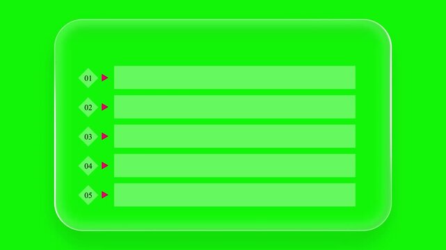 Glass liquid infographic list overlay with 5 numbered blocks appearing on green screen background