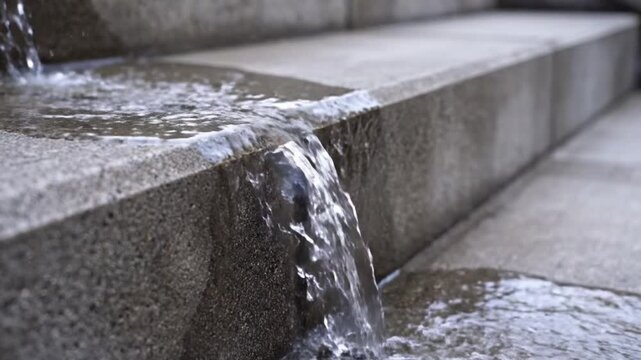 Water Flowing Down Stone Steps in a Close-Up View.