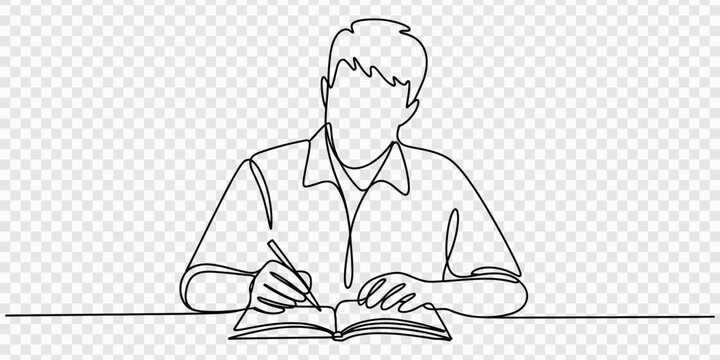Continuous line drawing of a person writing at a desk, Continuous line drawing of a student writing in a notebook, minimalist art, education concept, Continuous line drawing of male adult writing