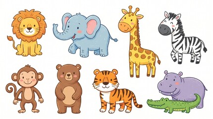 Obraz premium A delightful collection of cartoon wild animals, including a lion, elephant, giraffe, zebra, monkey, bear, tiger, hippopotamus, and alligator, all presented in a charming, illustrative style.