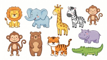 Fototapeta premium A charming collection of cute cartoon wild animals, including a lion, elephant, giraffe, zebra, monkey, bear, tiger, hippopotamus, and crocodile.