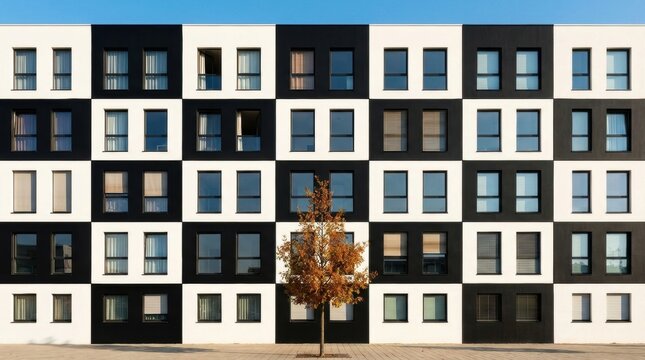 Modern checkered building facade with windows and a tree in front, architectural design.