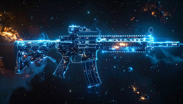 Abstract digital rifle with glowing blue outlines against cosmic background
