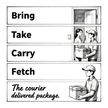 English action verbs infographics for delivery courier with package cardboard box, educational sketch poster.