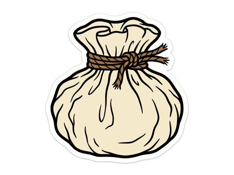 A cartoon-style illustration of a tied beige pouch with brown string on a white background, with a simple and graphic design.
