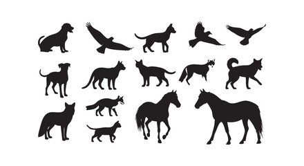Fototapeta premium Various domestic and wild animals in silhouette including dogs cats horses birds and fox on white background.