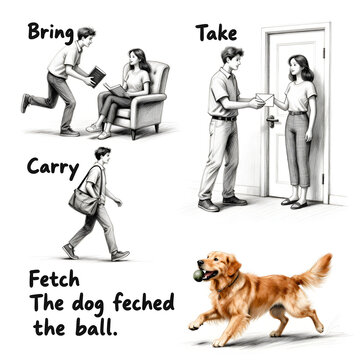 English action verbs vocabulary with golden retriever dog fetching ball illustration, educational poster.