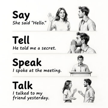 English grammar communication verbs infographic for say tell speak and talk, pencil sketch vector poster.