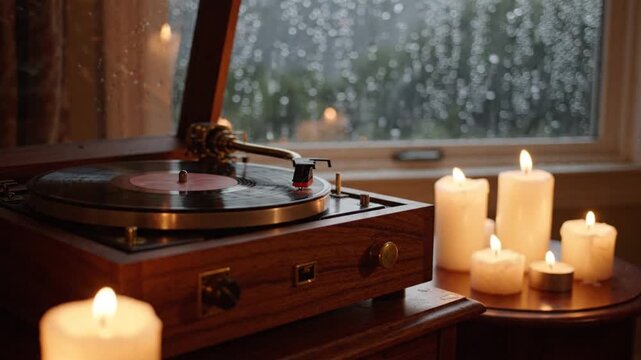 Vintage gramophone with candles on table.