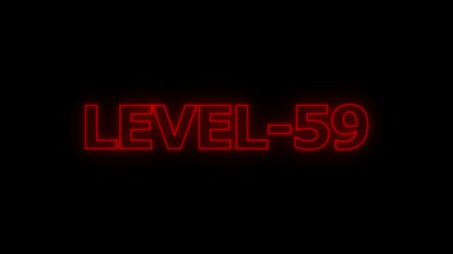 Glowing red neon text display showing level fifty nine on a solid black background for game interface and digital progress indicators