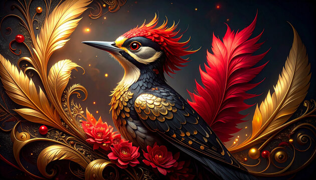 Artistic depiction of a colorful woodpecker amidst golden ornamental foliage