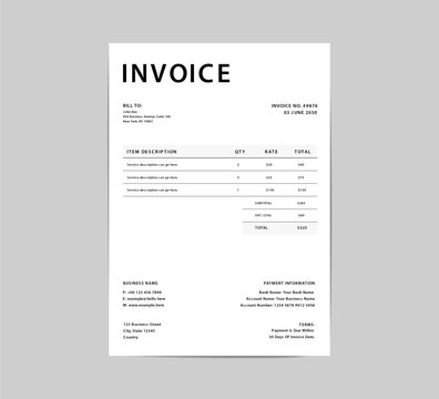 Minimal invoice template, Professional business invoice form, Blank bill voucher, Receipt, Payment statement layout