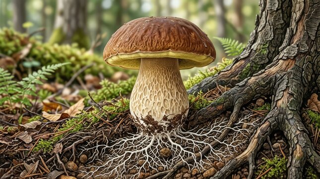 A wild mushroom with visible roots grows at the base of a large tree in a forest, surrounded by moss and fallen leaves
