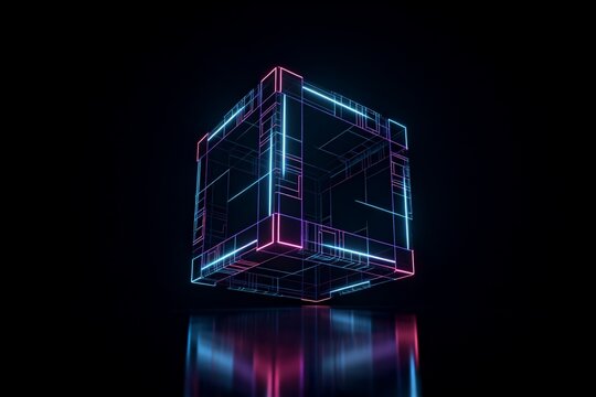 Neon cube with glowing lines